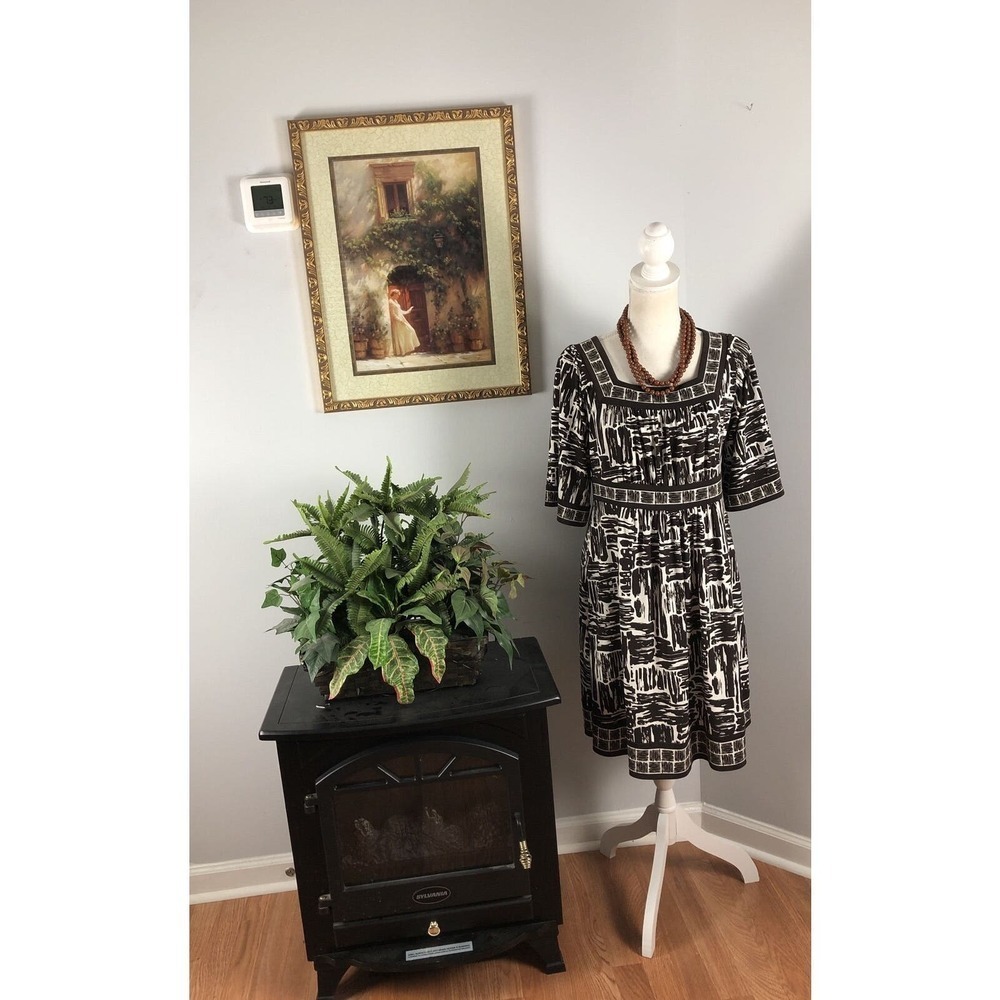 APT. 9 Women's Dress M Brown Beige‎ 3/4 Sleeve Checked Square Neckline Gathered